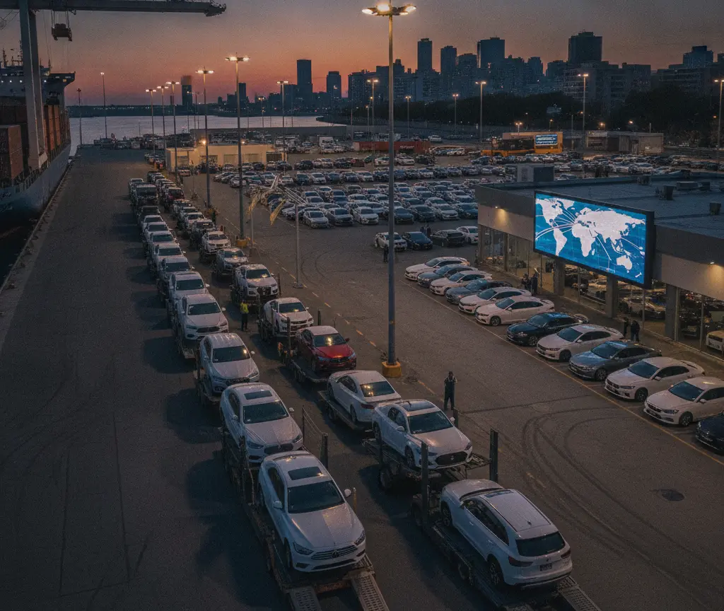 Des voitures neuves alignées sur des camions de transport dans un port industriel au coucher du soleil, avec une ville en arrière-plan.