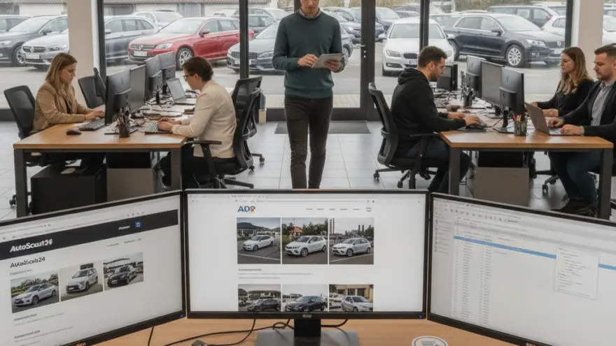 Plusieurs employés travaillent sur des ordinateurs dans un bureau de vente de voitures avec vue sur un parc de véhicules d'occasion.