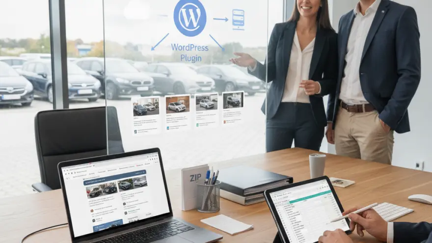 Dos profesionales de pie junto a una pared de cristal con gráficos digitales mientras otra persona trabaja con una tableta y un ordenador portátil en una mesa de oficina.