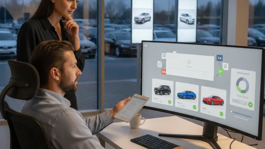 Un hombre sentado frente a un monitor grande y una mujer de pie a su lado miran la pantalla que muestra opciones de coches en un concesionario.