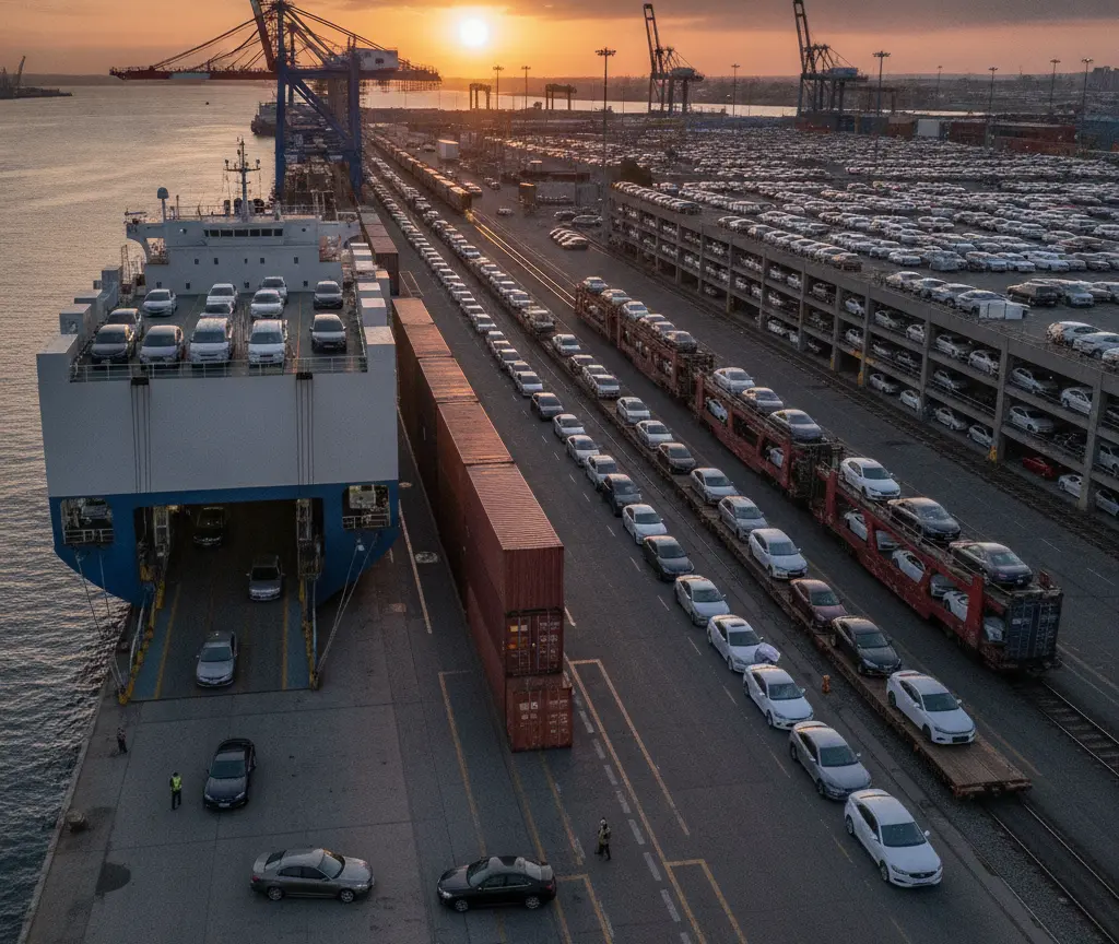 Veduta aerea di un porto commerciale al tramonto con una nave da carico, treni merci e piazzali pieni di automobili nuove.