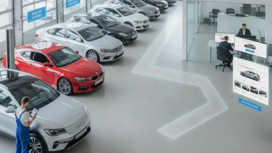 En Autowerchstatt vo obe gseh mit ere Reihe vo parkierte Autos, eme Mechaniker im blaue Blaumann und eme Büro im Hintergrund.