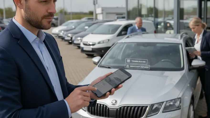 En Maa im blaue Azug bedient sis Smartphone vor eme silbrige Auto uf eme Parkplatz vor eme Autohus.