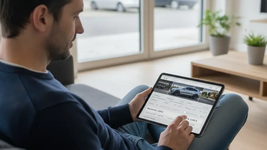 Ein Mann sitzt auf einem Sofa und bedient ein Tablet, auf dem ein Autokonfigurator mit einem weißen SUV zu sehen ist.