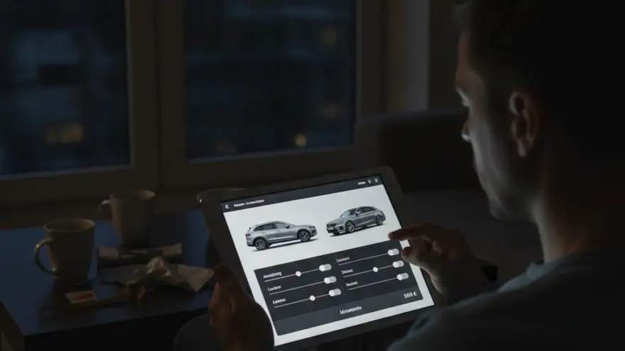 Ein Mann sitzt abends auf dem Sofa und bedient ein Tablet, auf dem zwei Autos und Schieberegler für einen Finanzierungsrechner zu sehen sind.