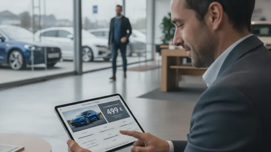 Un hombre con traje gris utiliza una tableta digital que muestra la imagen de un coche azul y un precio en un concesionario de automóviles.
