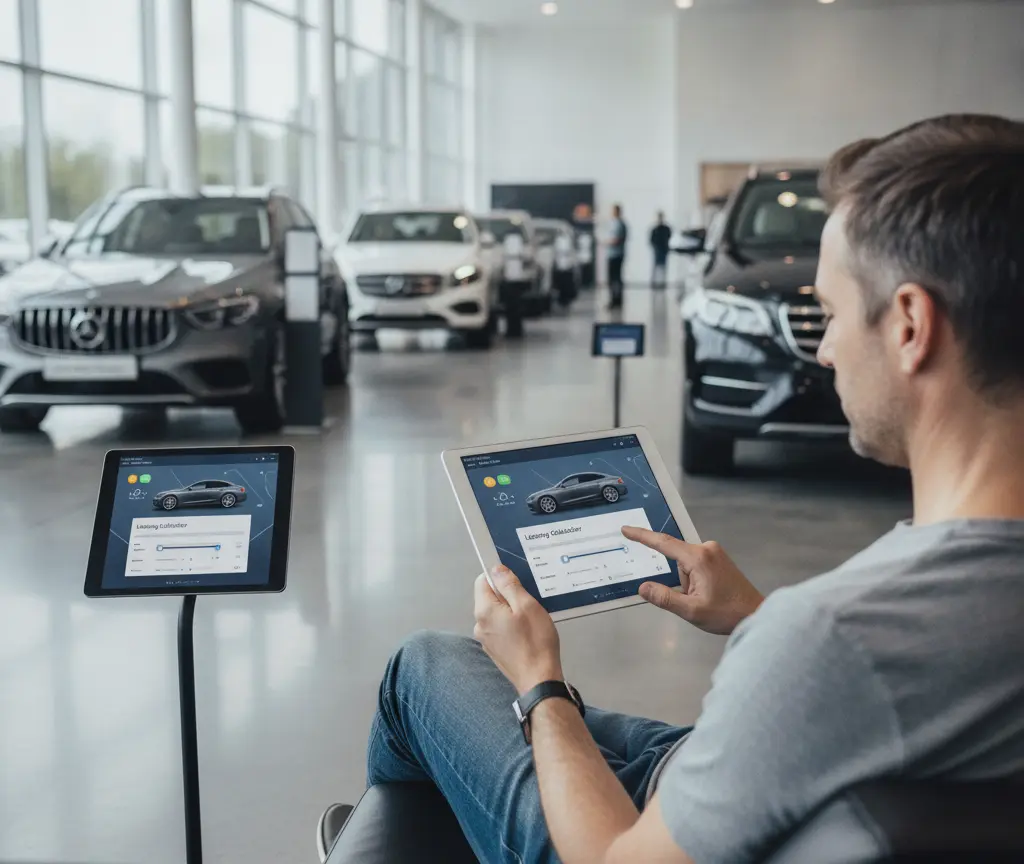 Un hombre sentado en un concesionario de coches utiliza una tableta digital que muestra información sobre un vehículo, con varios automóviles expuestos al fondo.