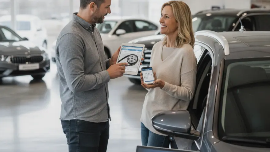Un conseiller montre une tablette à une cliente qui tient un smartphone à côté d'une voiture grise dans une concession automobile.