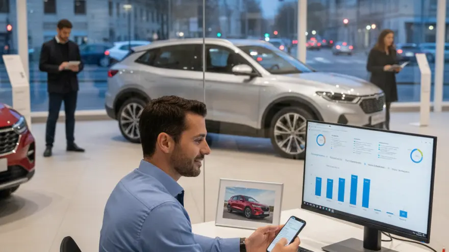 Un conseiller en concession automobile regarde son smartphone à son bureau devant un écran affichant des graphiques, avec des voitures et d'autres personnes en arrière-plan.