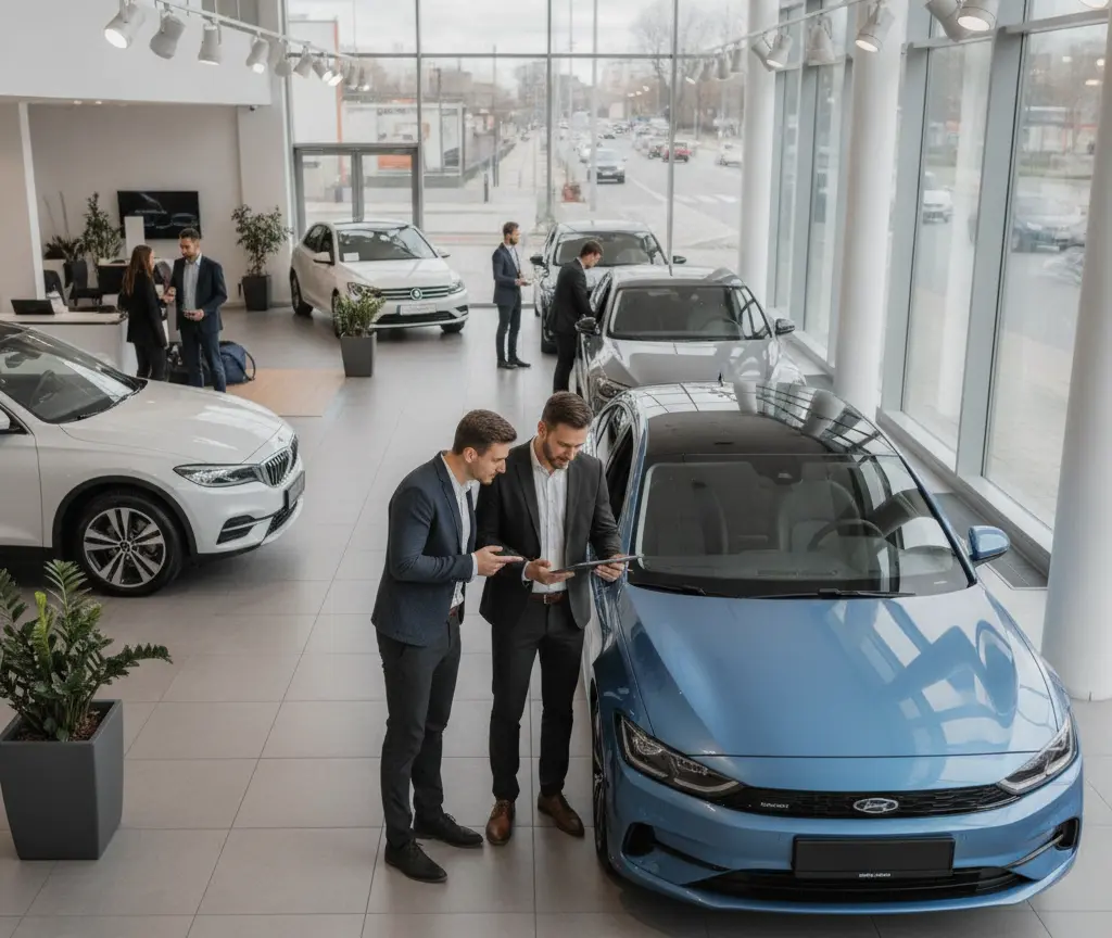 Deux hommes en costume discutent devant une voiture bleue dans une concession automobile lumineuse.