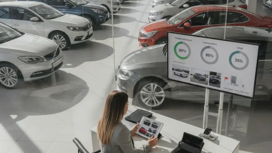 Una mujer sentada en un escritorio de oficina con una tableta frente a una pantalla grande que muestra gráficos, con un concesionario lleno de automóviles visibles a través de una pared de vidrio.