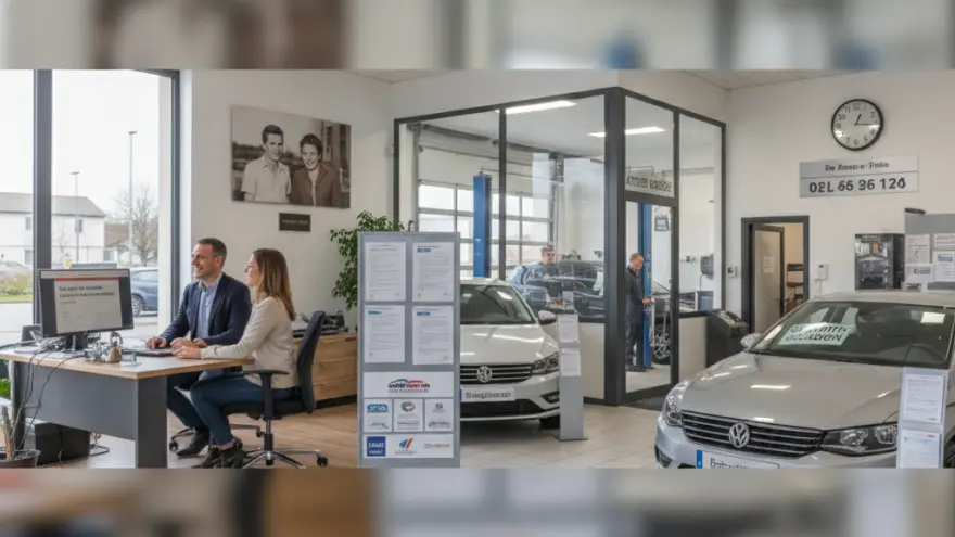 Un conseiller et une cliente assis à un bureau dans le hall d'exposition d'une concession automobile avec des voitures exposées.