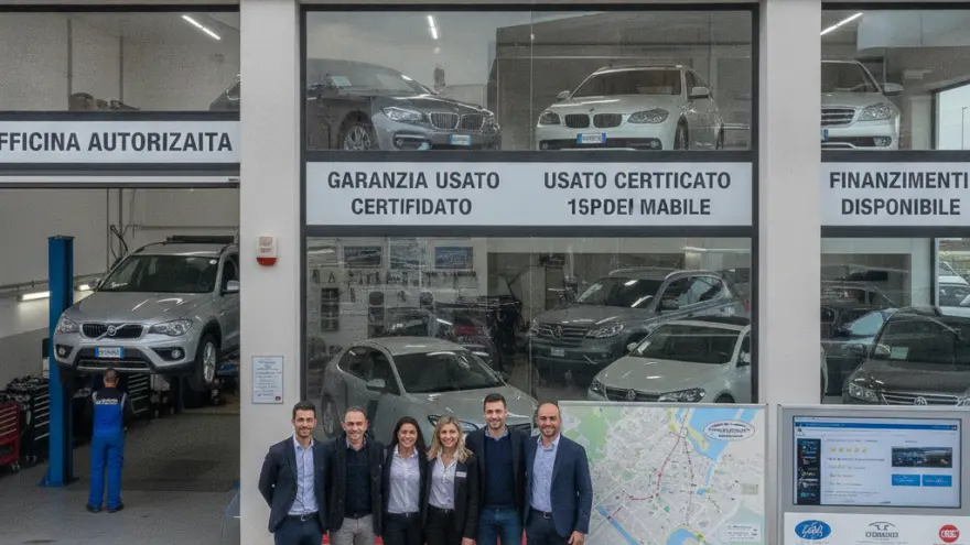 Sei persone in abito formale sorridono in piedi davanti alla vetrina di una concessionaria di auto con officina adiacente.