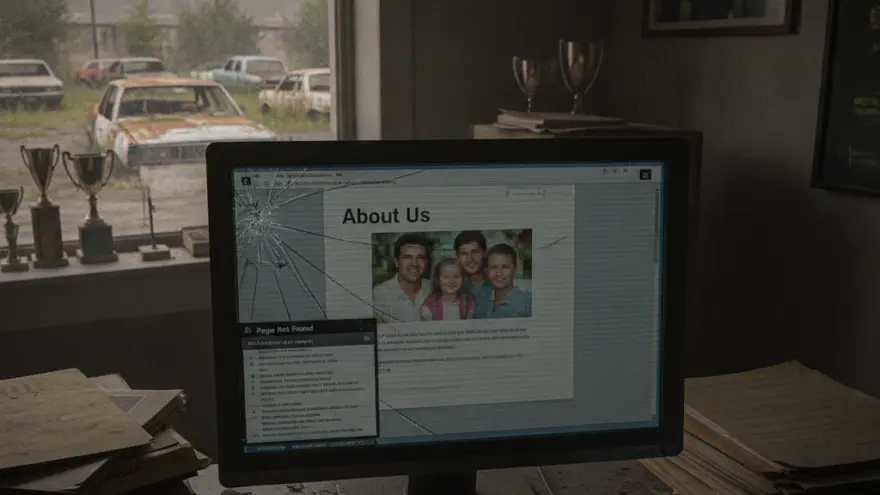 Un computer con lo schermo crepato mostra una pagina web su una scrivania polverosa, con vecchie auto visibili fuori dalla finestra.