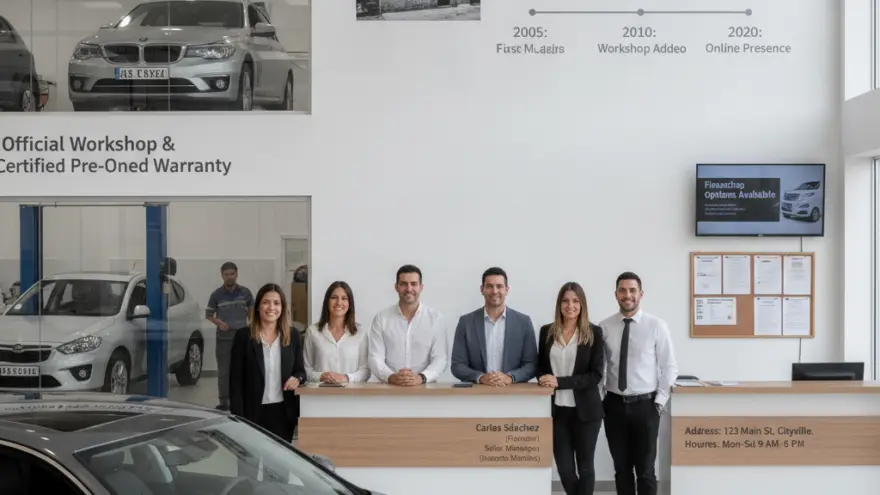 Seis empleados de un concesionario de coches posan sonrientes detrás de un mostrador de recepción en una sala de exposición luminosa.