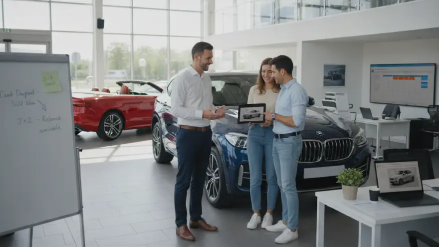 Un vendeur de voitures en chemise blanche discute avec un jeune couple qui regarde une tablette devant un SUV bleu dans une concession automobile.