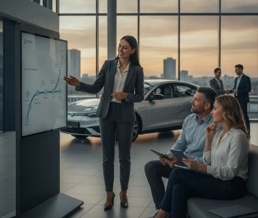 Une conseillère en costume présente un graphique sur un écran vertical à un couple assis dans une concession automobile, avec une voiture grise en arrière-plan.