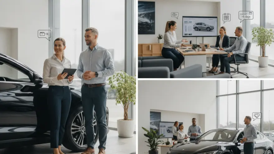 Un collage di tre foto che mostra clienti e consulenti che interagiscono all'interno di una concessionaria d'auto luminosa.