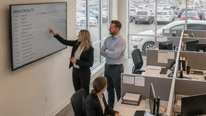 Una mujer de traje señala una pantalla digital en la pared mientras un hombre y otra mujer sentada en un escritorio la observan en una oficina con vista a un estacionamiento de autos.
