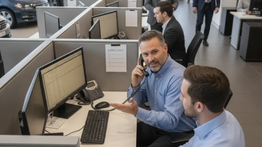 Twee mannen in blauwe overhemden werken aan een bureau in een kantoortuin van een autodealer, terwijl op de achtergrond andere medewerkers lopen en auto's geparkeerd staan.
