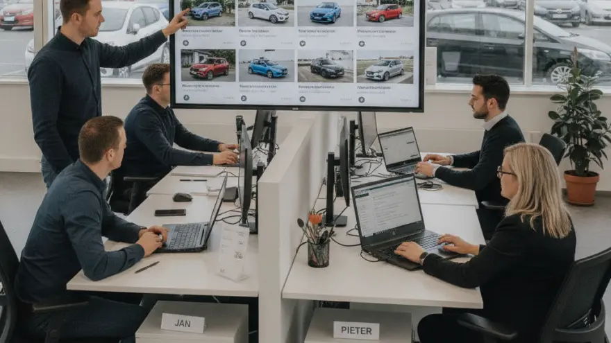 Kantoormedewerkers aan bureaus met laptops kijken naar een groot scherm waarop verschillende auto's worden getoond.