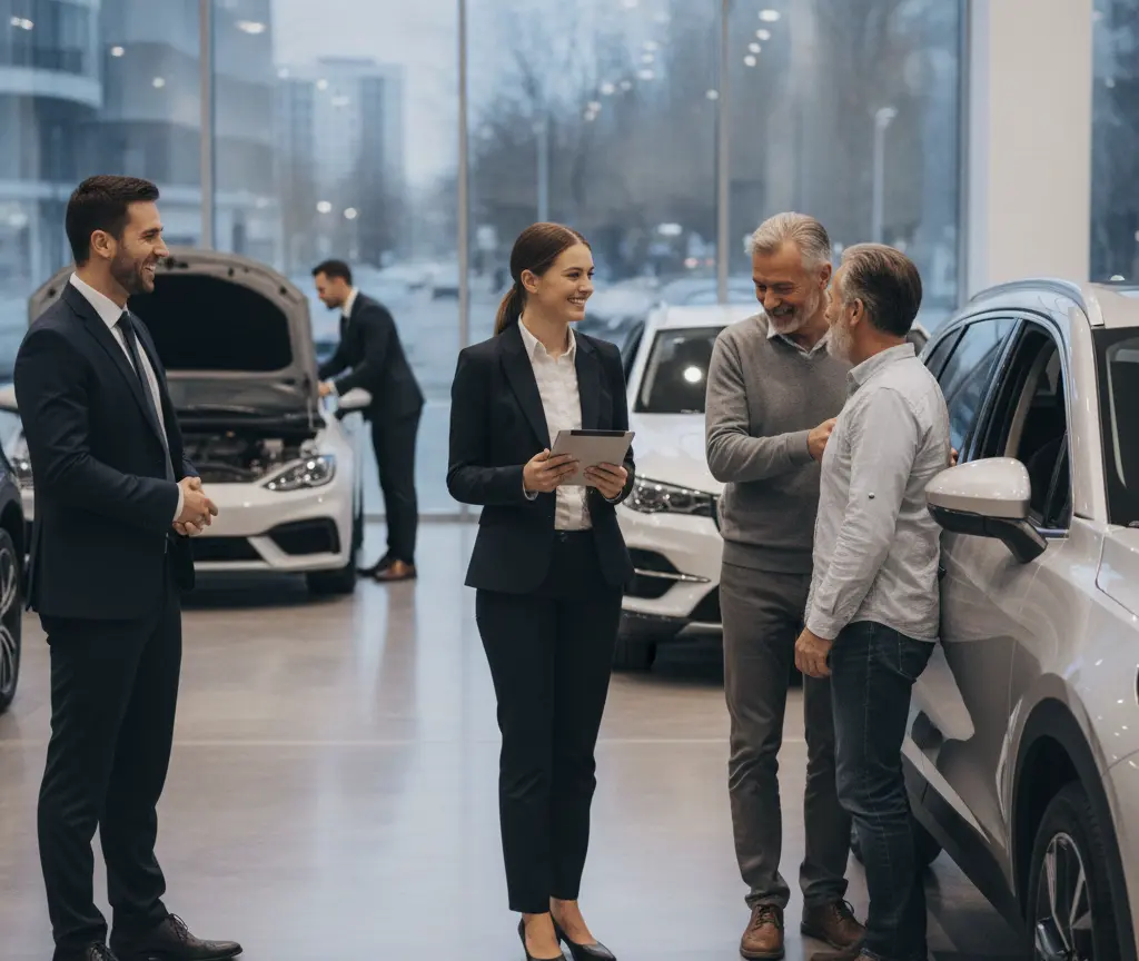 Twee verkoopadviseurs in pak praten met twee klanten in een showroom met auto's.