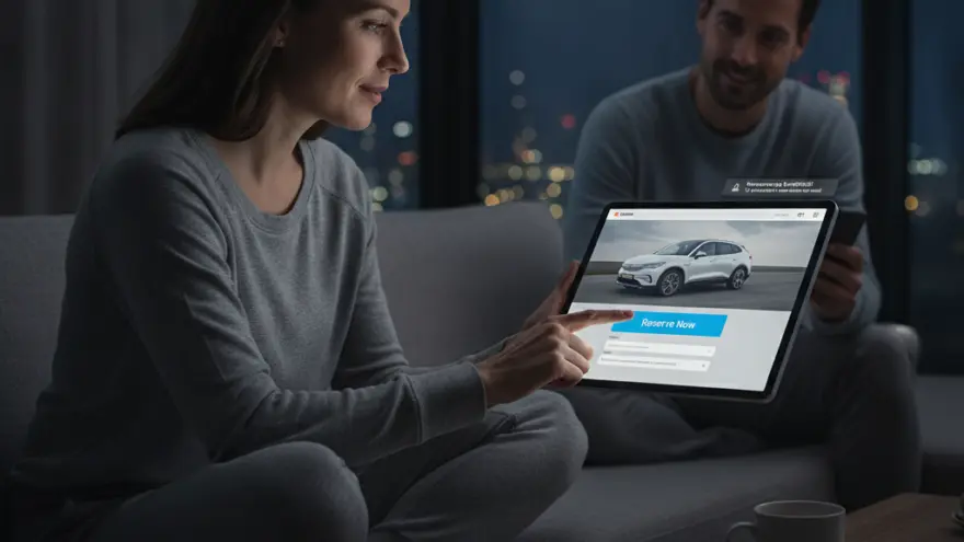 Een vrouw zit op een bank en wijst naar een tablet waarop een witte auto en een blauwe knop met de tekst Reserve Now te zien zijn, terwijl een man op de achtergrond toekijkt.