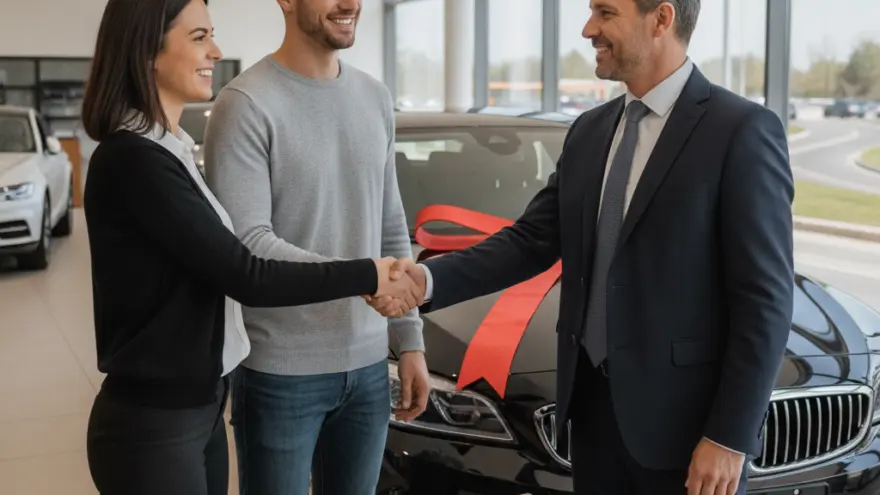 Een glimlachende man en vrouw schudden de hand van een autoverkoper in een showroom, met op de voorgrond een bureau met documenten en autosleutels.