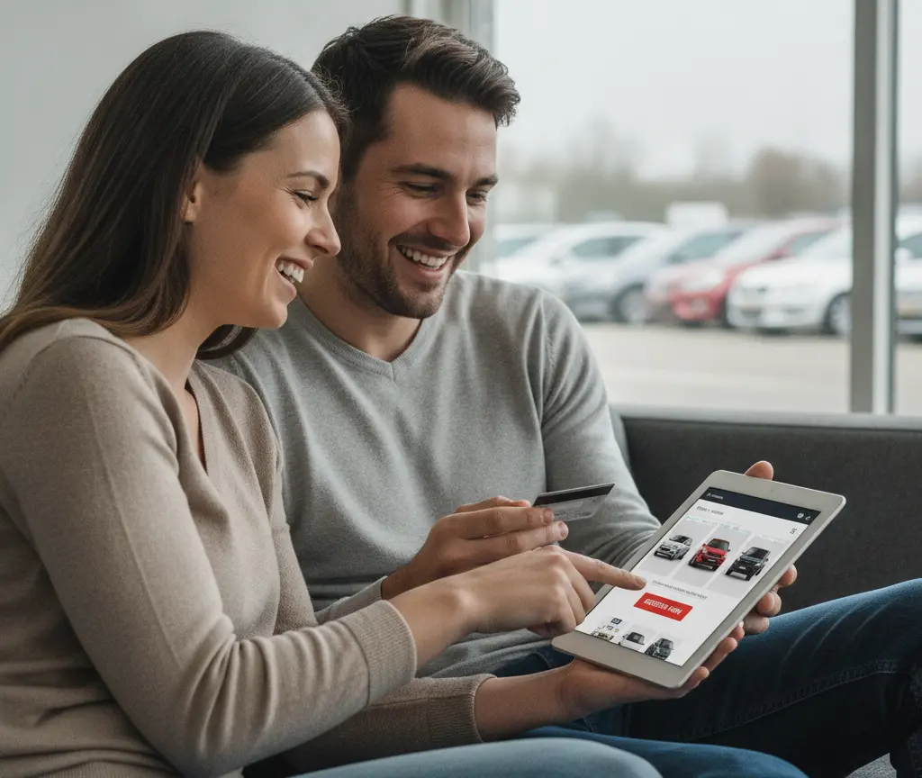 Een lachend stel zit op een bank en bekijkt auto's op een tablet terwijl de man een betaalpas vasthoudt.