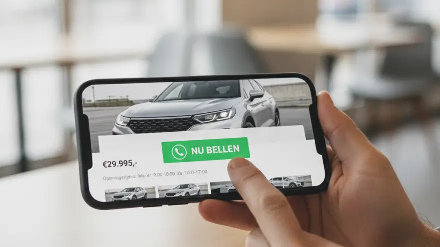 Een persoon houdt een smartphone horizontaal vast en tikt op een groene knop met de tekst NU BELLEN op een website met een auto-advertentie.