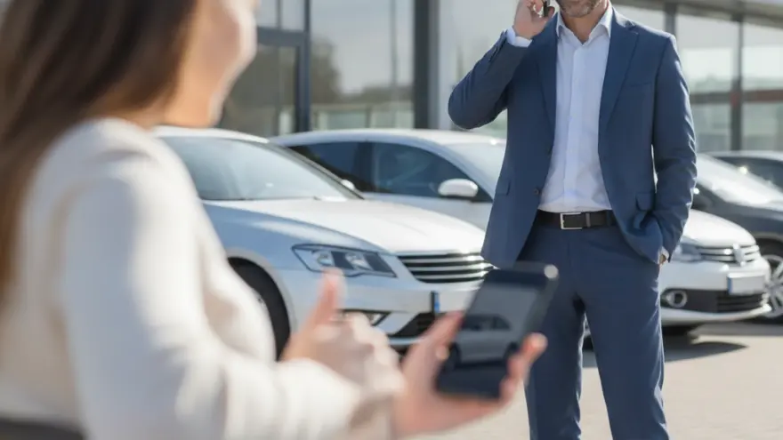 Een glimlachende man in een blauw pak belt voor een autodealer, terwijl een vrouw op de voorgrond op een bankje zit met een smartphone.