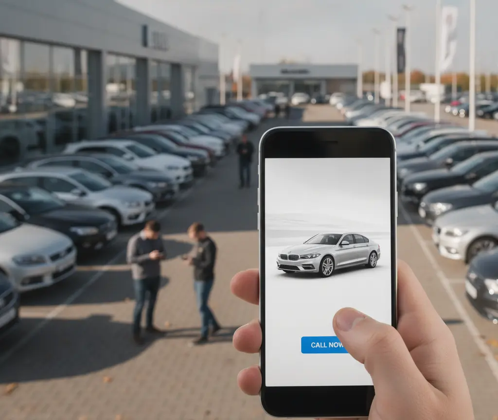 Een hand houdt een smartphone vast met een afbeelding van een zilveren auto, met op de achtergrond een parkeerplaats vol auto's bij een dealer.