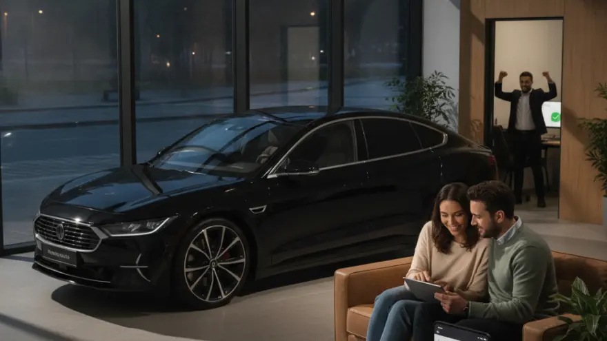 Un couple assis sur un canapé en cuir regarde une tablette à côté d'une berline noire dans une concession automobile.