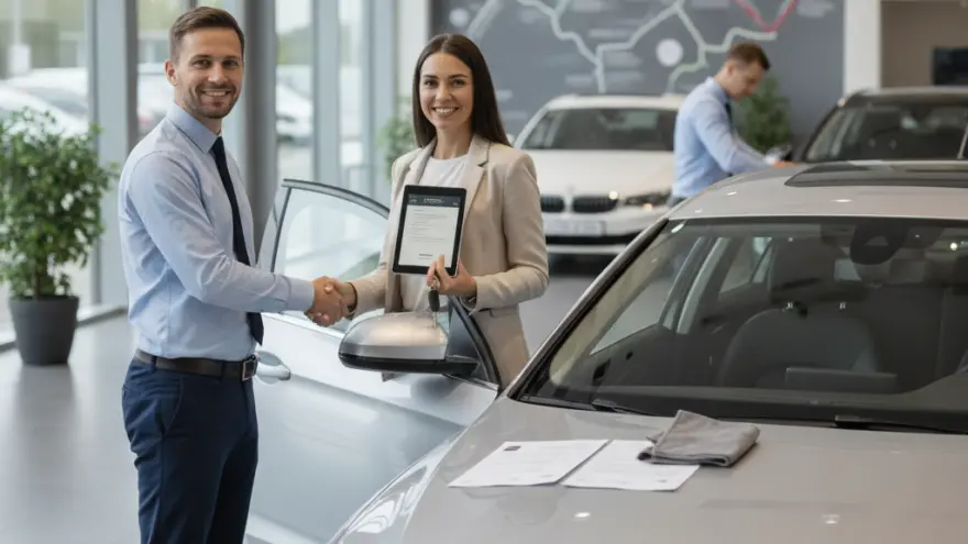 Un conseiller commercial et une cliente se serrent la main à côté d'une voiture grise dans une concession automobile.