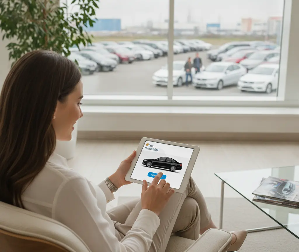 Une femme assise dans un fauteuil utilise une tablette affichant une voiture noire, face à une grande fenêtre donnant sur un parc de véhicules d'occasion.
