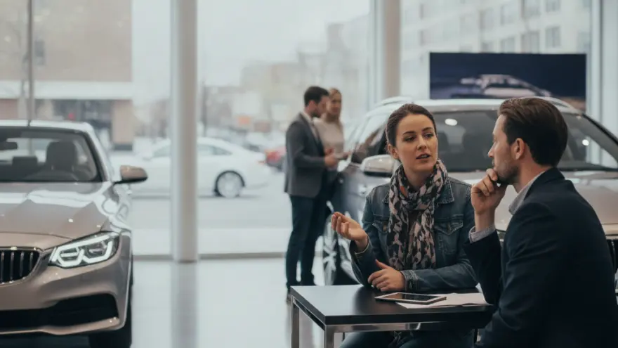 Una mujer y un hombre conversan sentados en una mesa dentro de un concesionario de coches con vehículos de fondo.