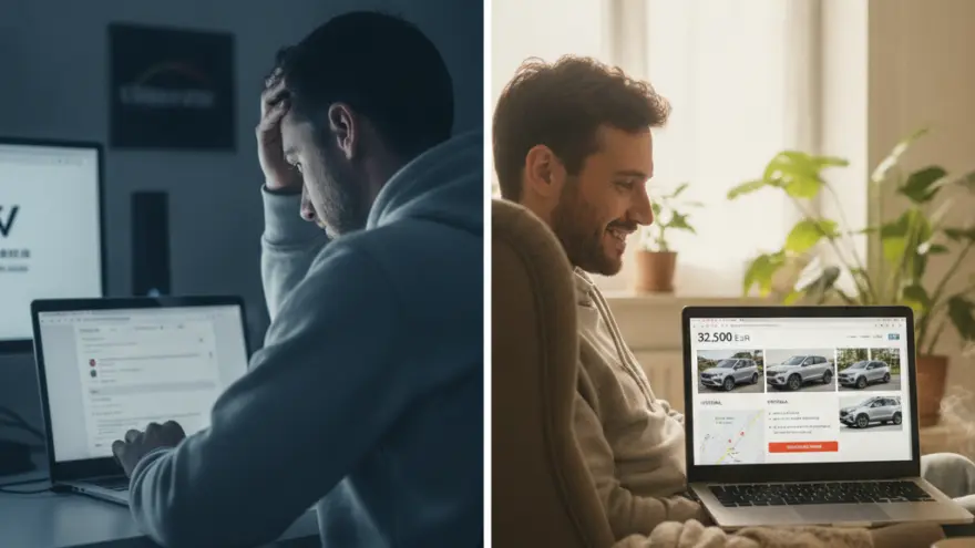 Imagen dividida que muestra a la izquierda a un hombre frustrado frente a una computadora en una habitación oscura, y a la derecha a un hombre sonriente mirando opciones de autos en una laptop en una sala iluminada.