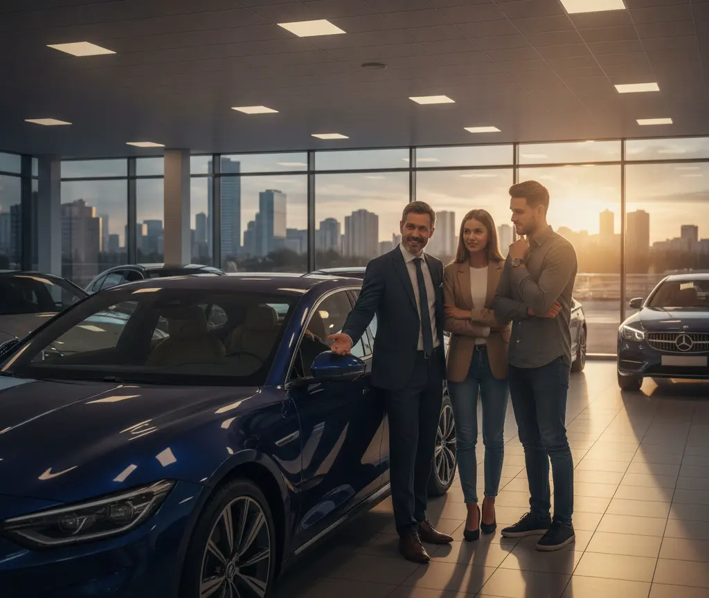 Un vendedor de traje muestra un coche azul a una pareja joven dentro de un concesionario iluminado con grandes ventanales.