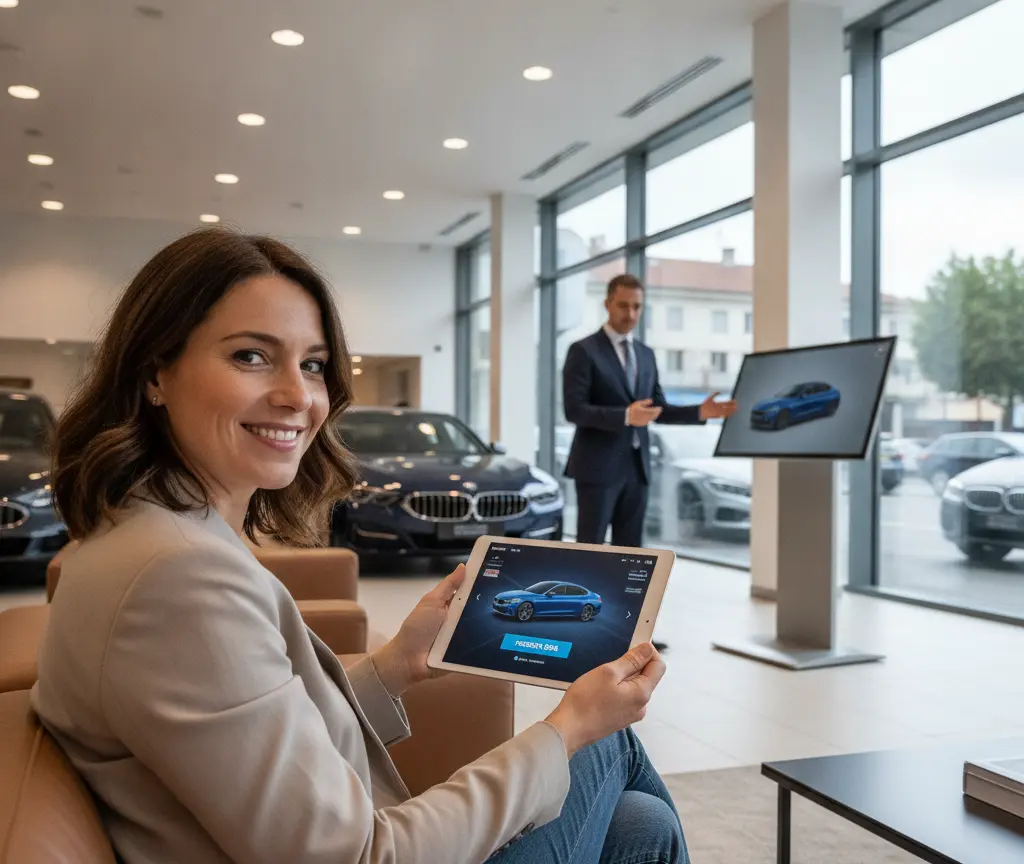 Una donna sorridente seduta su una poltrona mostra un tablet con l'immagine di un'auto blu, mentre sullo sfondo un uomo in abito elegante presenta un modello simile su uno schermo all'interno di un salone automobilistico.