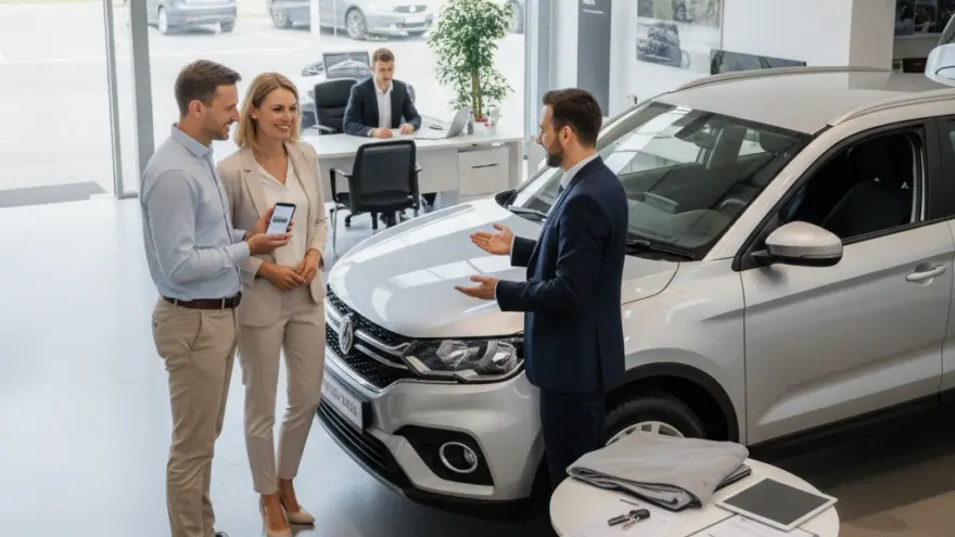 Un venditore in abito scuro mostra un'auto grigia a una coppia all'interno di un salone automobilistico.