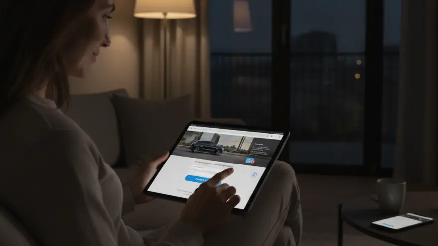 Una donna seduta sul divano di sera mentre utilizza un tablet che mostra la pagina web di un'auto.