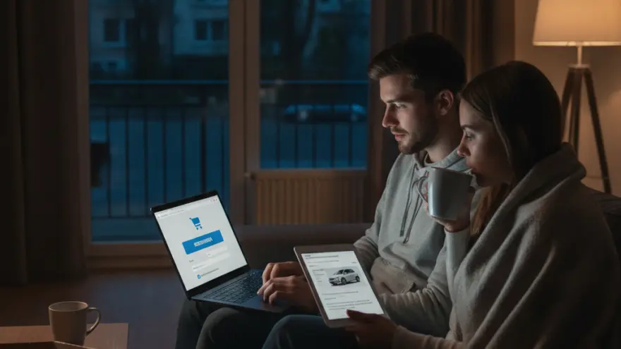Ein Paar sitzt abends auf dem Sofa und schaut gemeinsam auf ein Tablet und einen Laptop, auf dem ein Auto abgebildet ist.