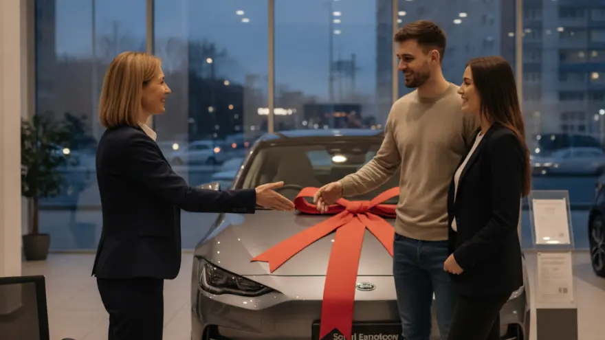 Eine Autoverkäuferin schüttelt einem Paar in einem Autohaus vor einem grauen Auto mit roter Schleife die Hand.