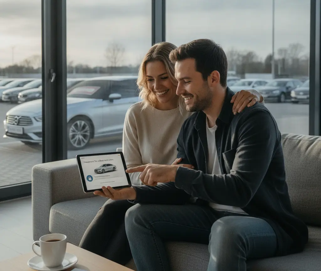 Ein lächelndes Paar sitzt auf einem Sofa in einem Autohaus und betrachtet ein Tablet, auf dem ein Auto abgebildet ist.