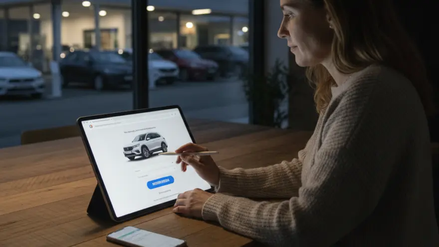 E Frau sitzt am Holztisch und bedient mit eme Stift es Tablet, wo es Auto druf zeigt, während im Hintergrund d Liechter vomne Autohuus brenned.