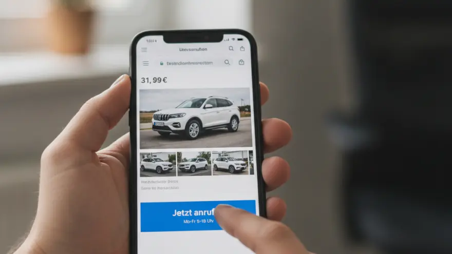 Zwei Händ hebed es Smartphone, wo en Online-Inserat für en wysse SUV mit emne blaue Chnopf zeigt.