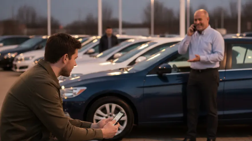 Ein junger Mann sitzt im Vordergrund auf einer Kante und blickt auf sein Smartphone, während im Hintergrund ein Verkäufer telefoniert und Autos auf einem Parkplatz stehen.