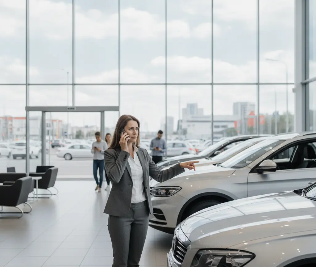 Eine Frau im grauen Hosenanzug telefoniert in einem hellen Autohaus und zeigt auf ein silbernes Auto.