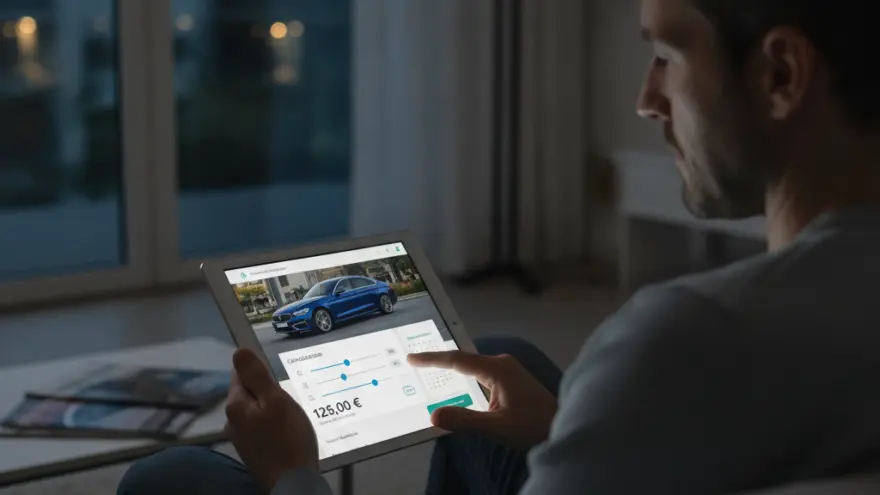 Un homme assis dans un fauteuil utilise une tablette affichant une voiture bleue et un configurateur de prix.