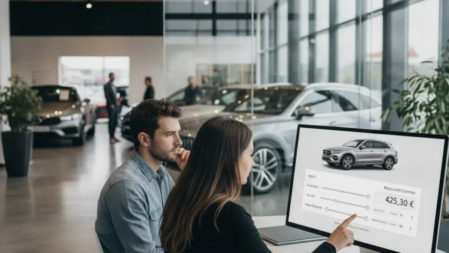 Un homme et une femme assis à un bureau dans une concession automobile regardent un écran d'ordinateur affichant une simulation de financement.
